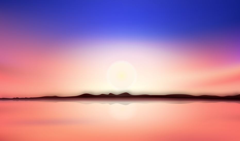 Comparison image: A bright blue sky at noon vs a deep red sun at sunset.