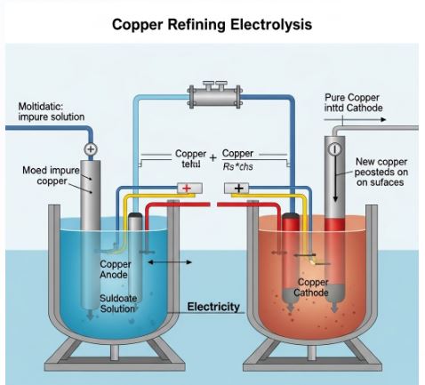 Diagram of Electrolytic Refining showing Anode, Cathode and Electrolyte tank