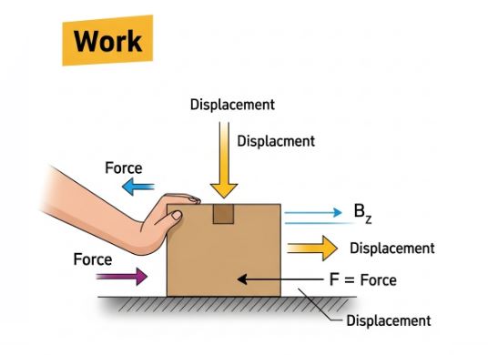 A diagram illustrating the scientific definition of work, showing a person pushing a box. Work and Energy class 9 NCERT solutions