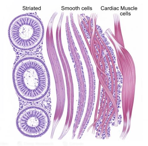 An illustration showing the three types of muscle tissue: striated (skeletal) muscle with its long, cylindrical, striped cells; smooth muscle with its spindle-shaped cells; and cardiac muscle with its branched, faintly striped cells.