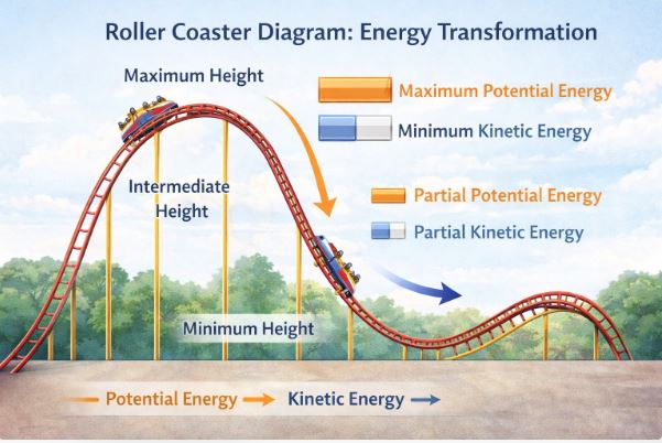 A roller coaster diagram showing energy transformation between potential and kinetic energy at different heights.