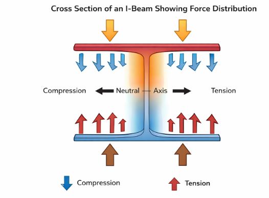 Cross section of an I-beam showing how forces are distributed.