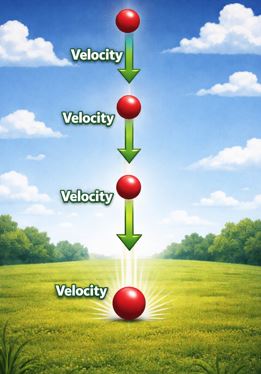 A ball falling down with vectors showing increasing velocity