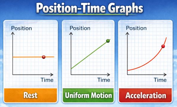 Position time graphs for rest uniform motion and acceleration