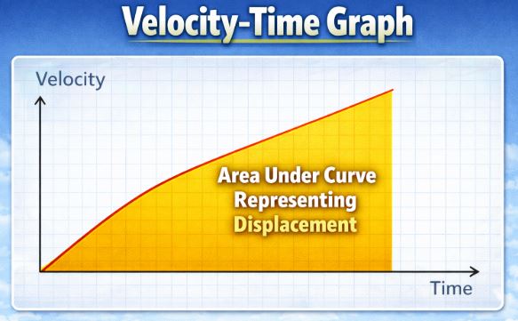 Velocity time graph showing area under curve representing displacement
