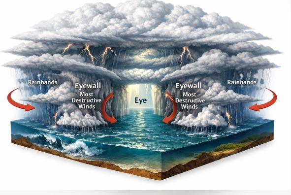 Structure of a cyclone showing the Eye and spiral winds
