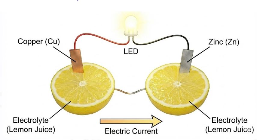 Diagram of a lemon battery powering an LED