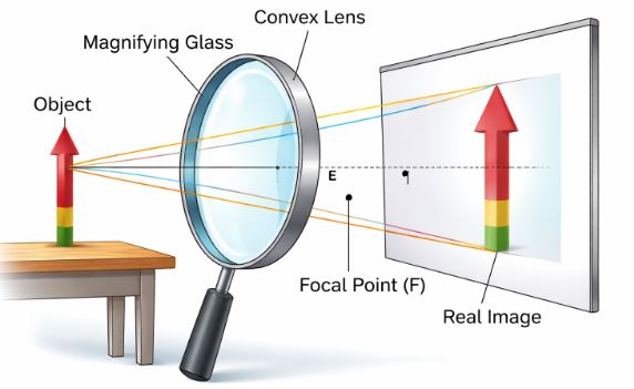 Magnifying glass acting as a convex lens
