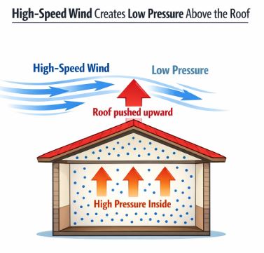 Diagram showing wind blowing over a roof creating lift