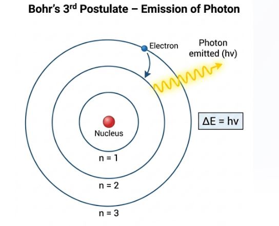 Bohr model showing an electron dropping from a higher energy orbit to a lower energy orbit and emitting a photon of energy hv.