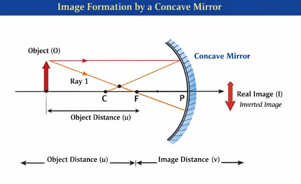 Ray diagram of a concave mirror showing object and image formation