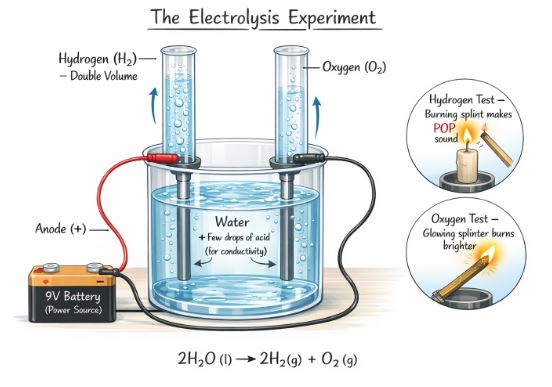 Electrolysis of water showing battery and test tubes