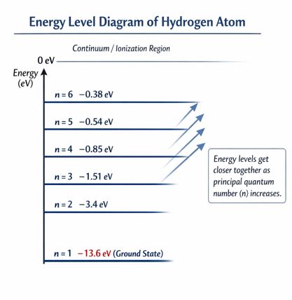 Energy level diagram of hydrogen showing the ground state at -13.6 eV and excited states converging towards 0 eV.