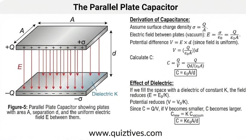 Parallel Plate Capacitor Diagram showing Derivation of Capacitance Formula C = ε₀A/d and Effect of Dielectric Constant K for Class 12 Physics Notes.