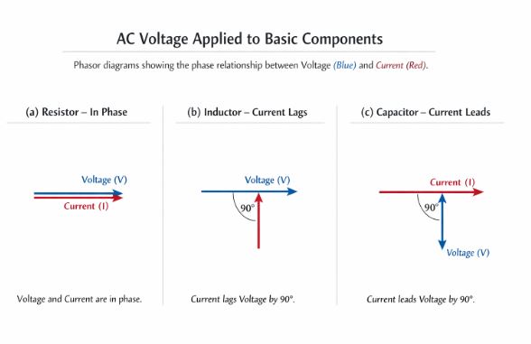 Phasor diagrams for Resistor, Inductor, and Capacitor showing phase relationships