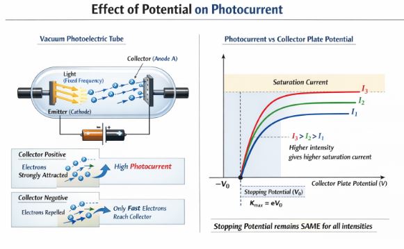 Graph showing variation of photocurrent with collector plate potential for different intensities