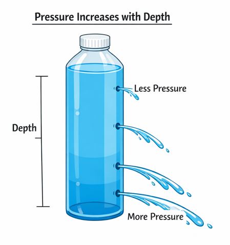 Bottle with holes showing water pressure increases with depth