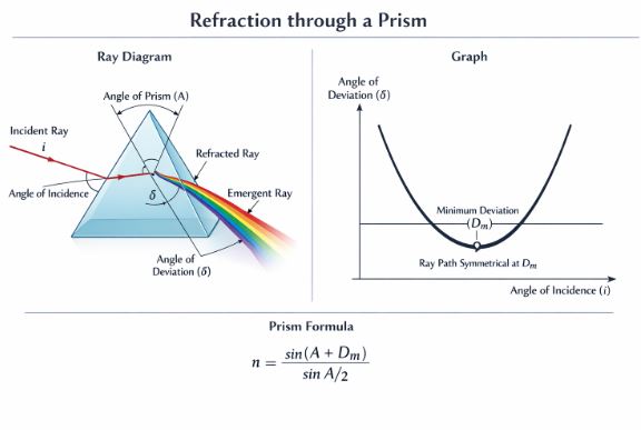 Refraction through a triangular prism and deviation graph