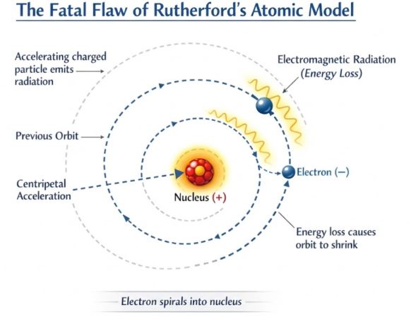 Diagram showing an electron radiating energy and spiraling into the nucleus, representing the instability of Rutherford's atomic model.
