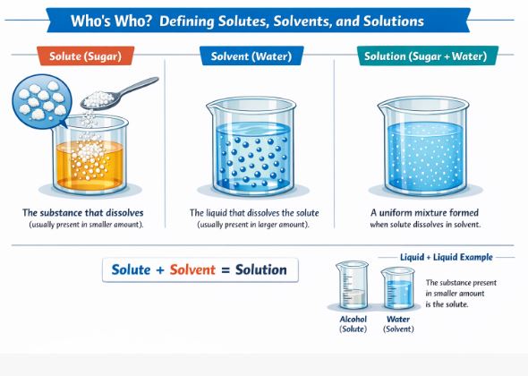 Solute and Solvent combining to form a Solution