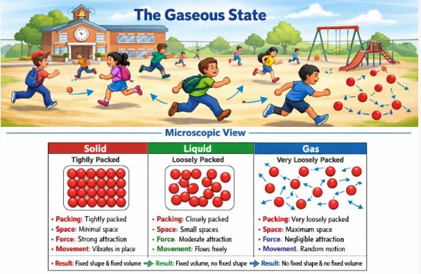Particle arrangement in solid, liquid, and gas