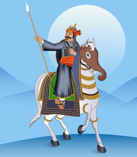A painting of Maharana Pratap riding his horse Chetak in battle.