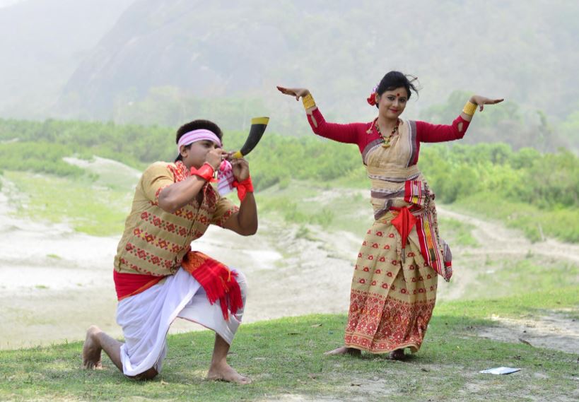 A collage showing Bihu dancers and a Sattriya dancer.