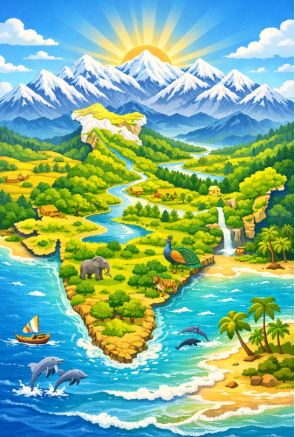 A beautiful landscape showing the Himalayas in the north and the ocean in the south of India.