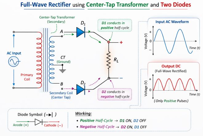 Full wave rectifier circuit using a center-tap transformer and two diodes alongside input-output waveforms