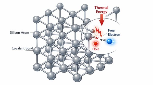 Silicon lattice showing unbroken covalent bonds and thermally generated electron-hole pairs