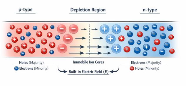 p-n junction showing the depletion region containing immobile positive and negative ion cores