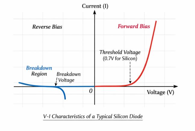 V-I characteristics graph showing forward and reverse bias curves of a silicon diode