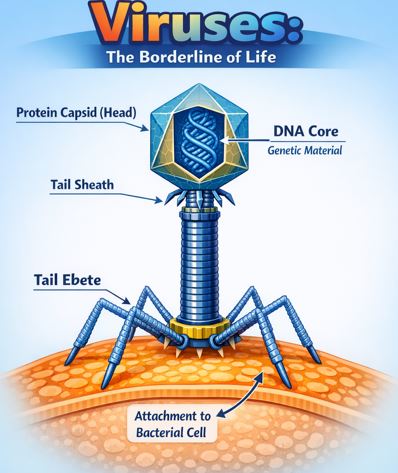 Structure of a bacteriophage virus showing protein capsid head and DNA core