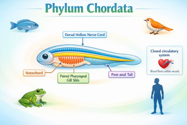 Diagram showing the four main characteristics of Chordates