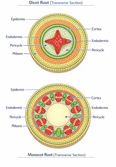 Transverse Section comparing Dicot Root and Monocot Root structures