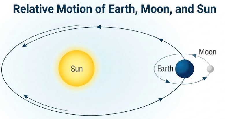 Earth, Moon, and Sun relative orbits