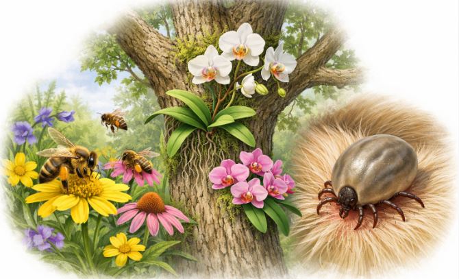 Bees pollinating flowers, orchids on trees, and a tick on a dog