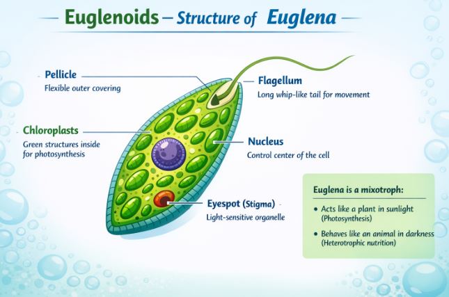 Structure of Euglena showing pellicle, flagella, and chloroplasts