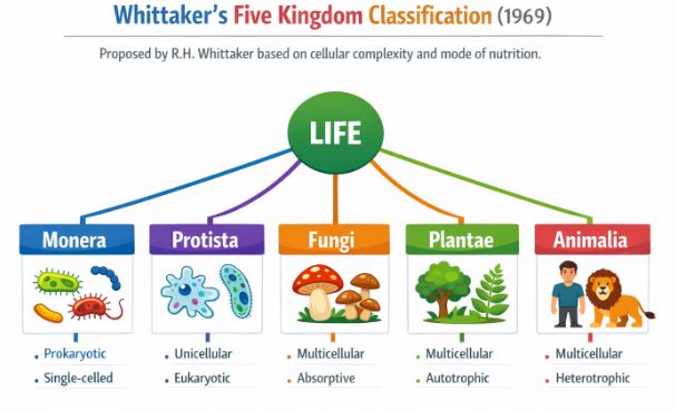 Whittaker's Five Kingdom Classification Chart showing Monera, Protista, Fungi, Plantae, Animalia