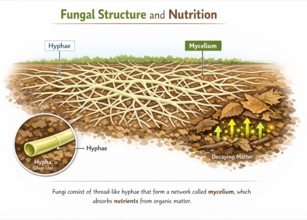 Fungal mycelium composed of individual thread-like hyphae