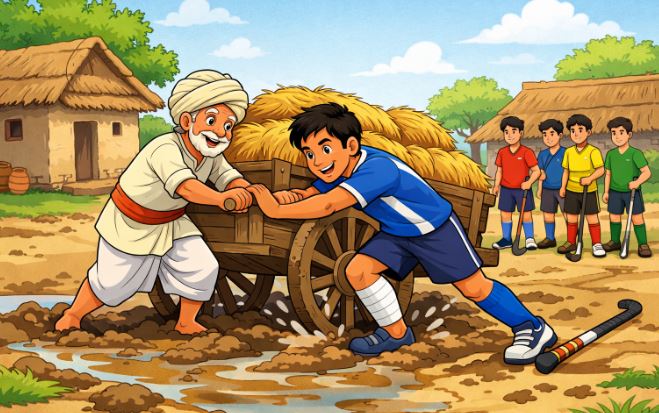 A scene showing a young man helping a farmer push his cart out of mud, while others watch.