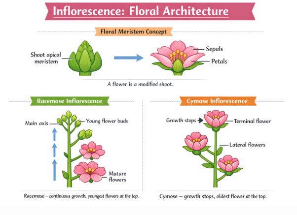 Diagram showing continuous growth in Racemose and terminating growth in Cymose inflorescence