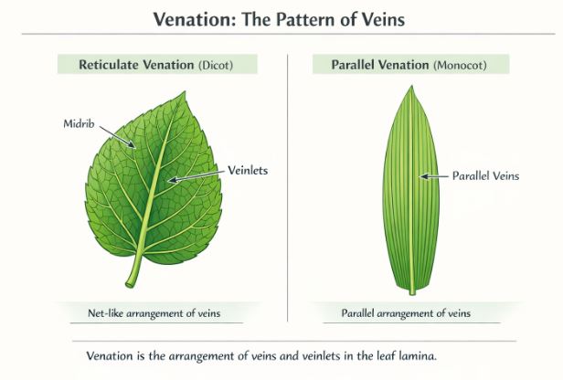 Comparison of Reticulate venation in a dicot leaf and Parallel venation in a monocot leaf