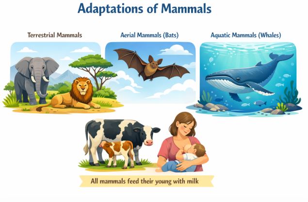 Various mammals including a kangaroo, a bat, and a whale