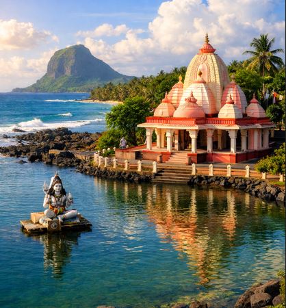 A beautiful landscape of Mauritius showing a temple near the ocean.