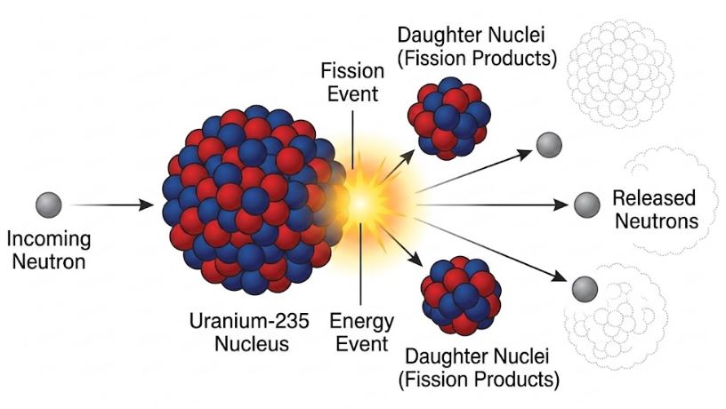 A neutron striking a Uranium nucleus causing fission and releasing more neutrons