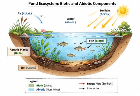 A pond ecosystem showing fish, plants, water, and sunlight