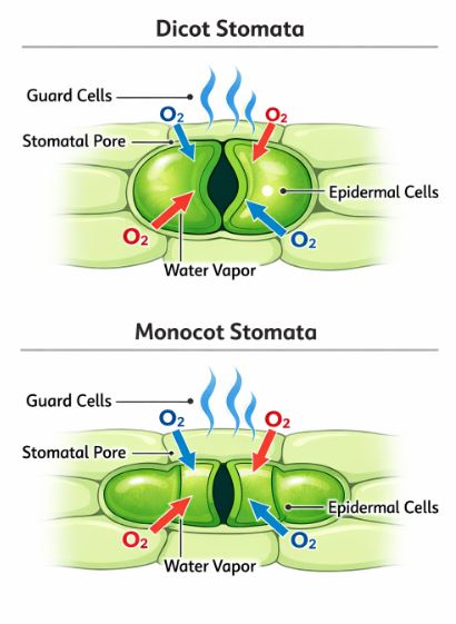 Diagram showing bean-shaped guard cells in dicots and dumbbell-shaped guard cells in monocots