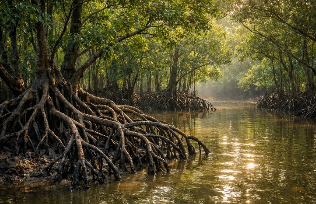 Lush green mangrove trees with thick roots in muddy water in the Sundarbans