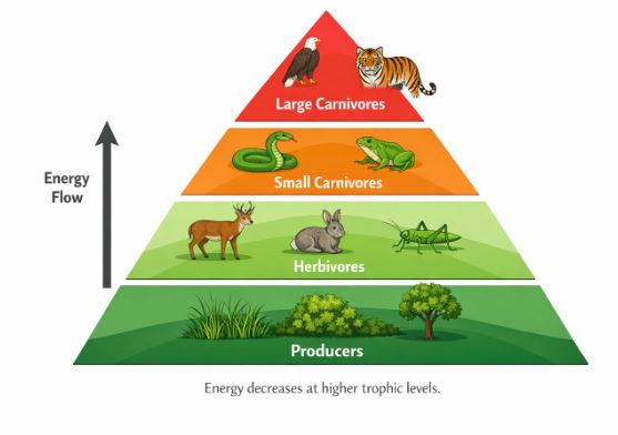 A pyramid showing producers at the base, followed by herbivores, small carnivores, and large carnivores